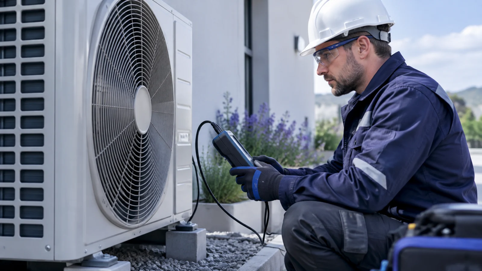 Technician measuring an outdoor air-conditioner condenser with a handheld meter.
