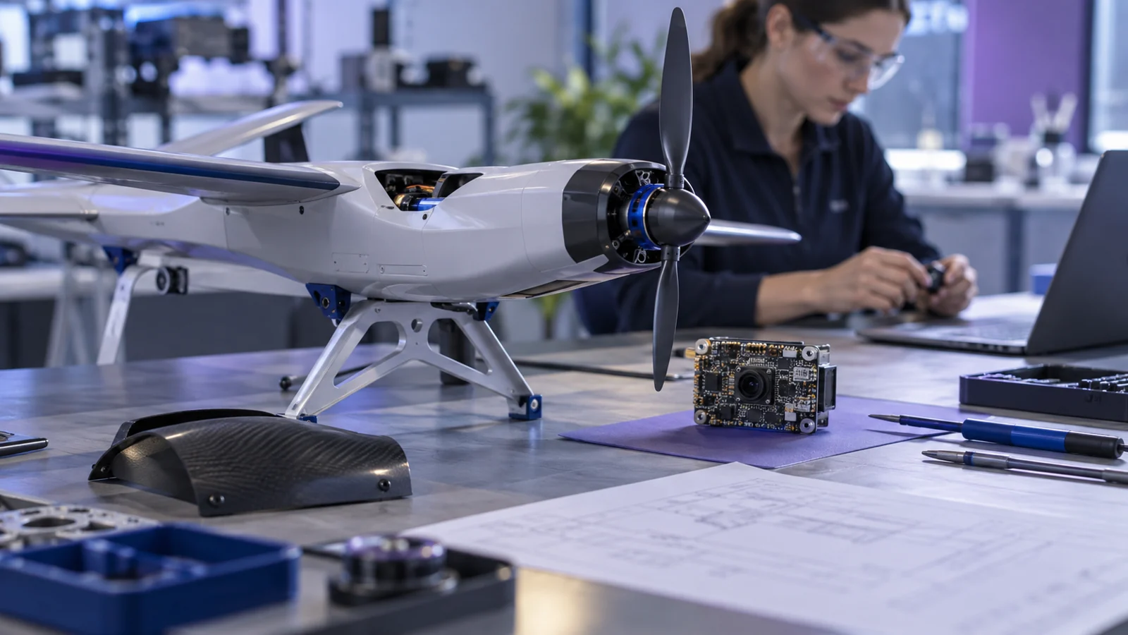 Lab bench with a small fixed-wing UAV, a camera sensor board, a carbon-fibre fairing and hand tools.