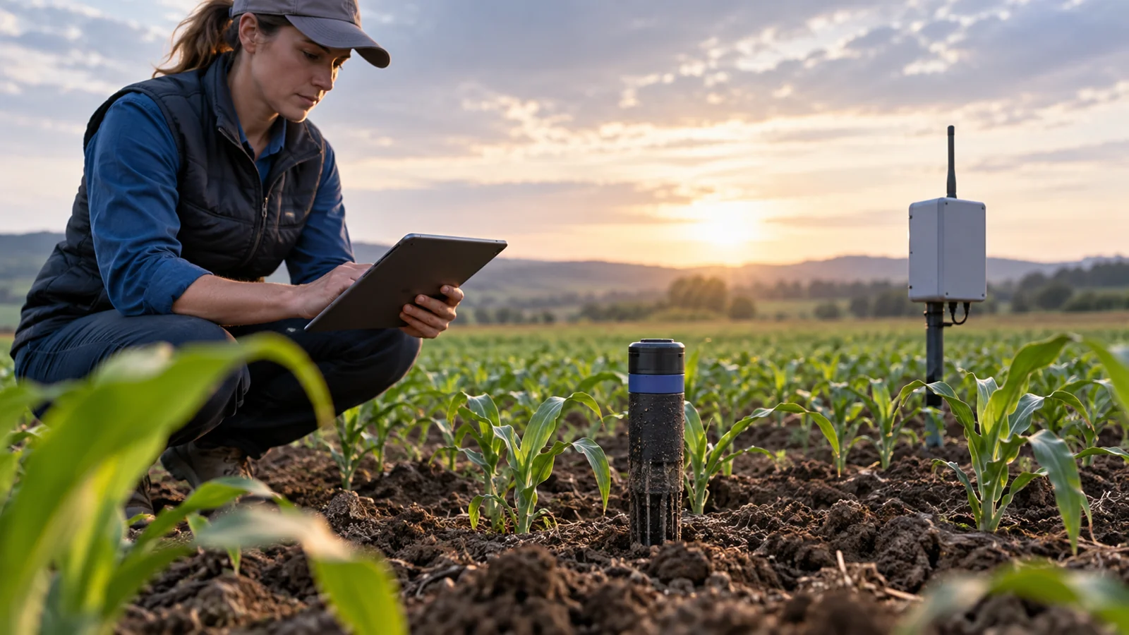 Person with a tablet in a young corn field beside a soil-moisture probe and a small wireless gateway.