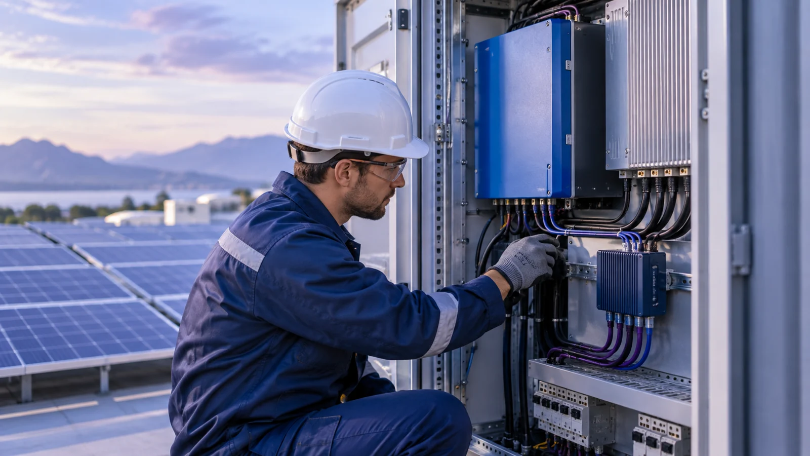 Field technician working in an open outdoor energy cabinet with an inverter, power module and sensor gateway.