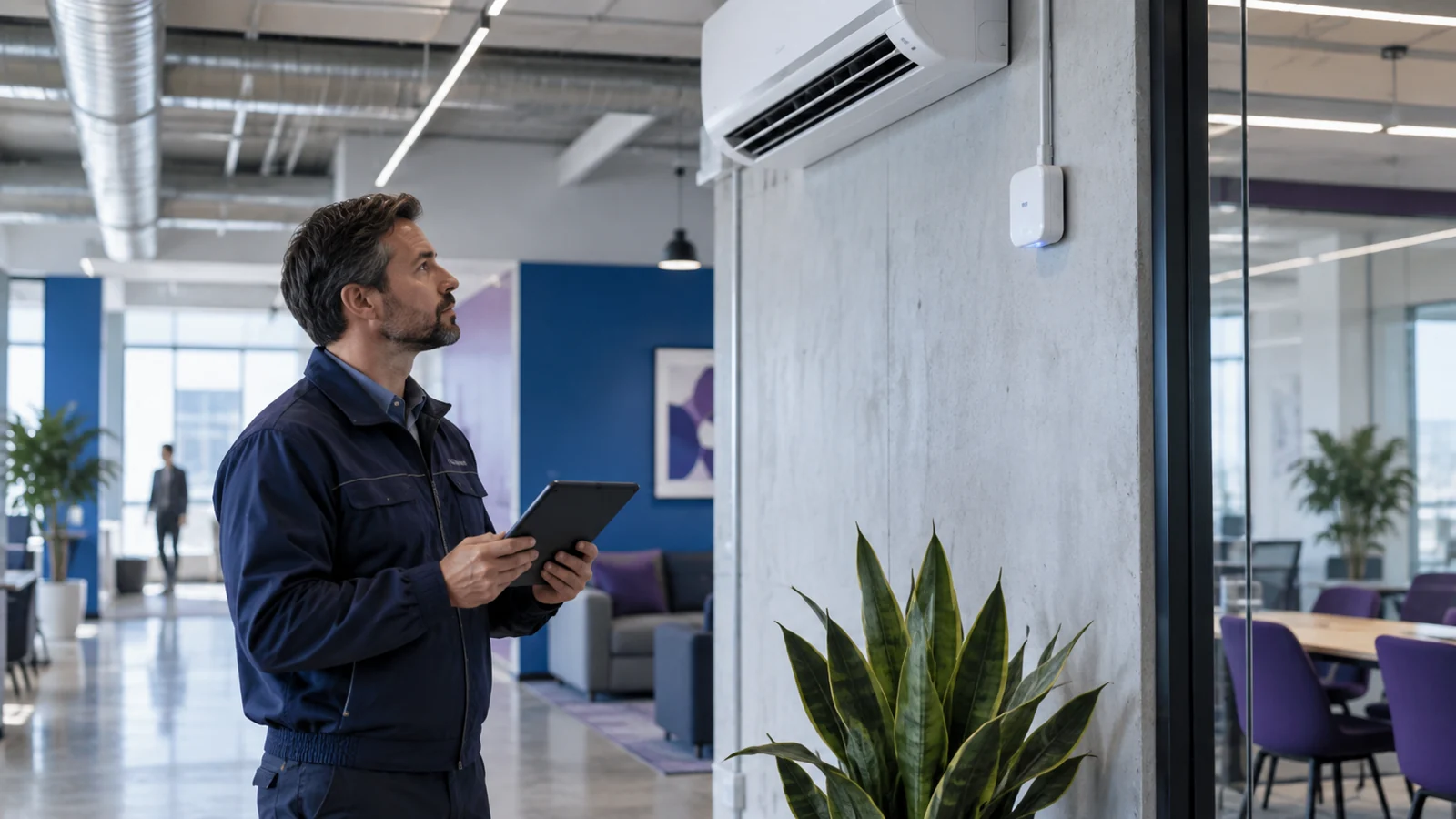 Technician with a tablet checking a wall-mounted split air conditioner and a small sensor gateway.