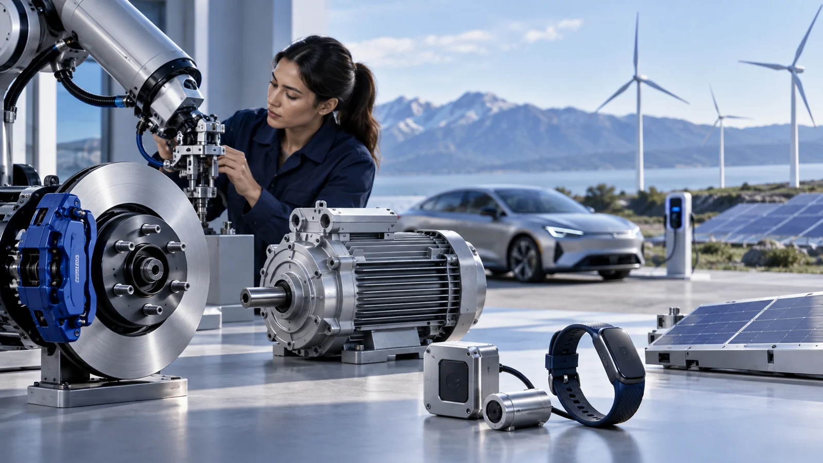 Robot arm, brake disc, electric motor, camera sensor and other industrial components in one scene.