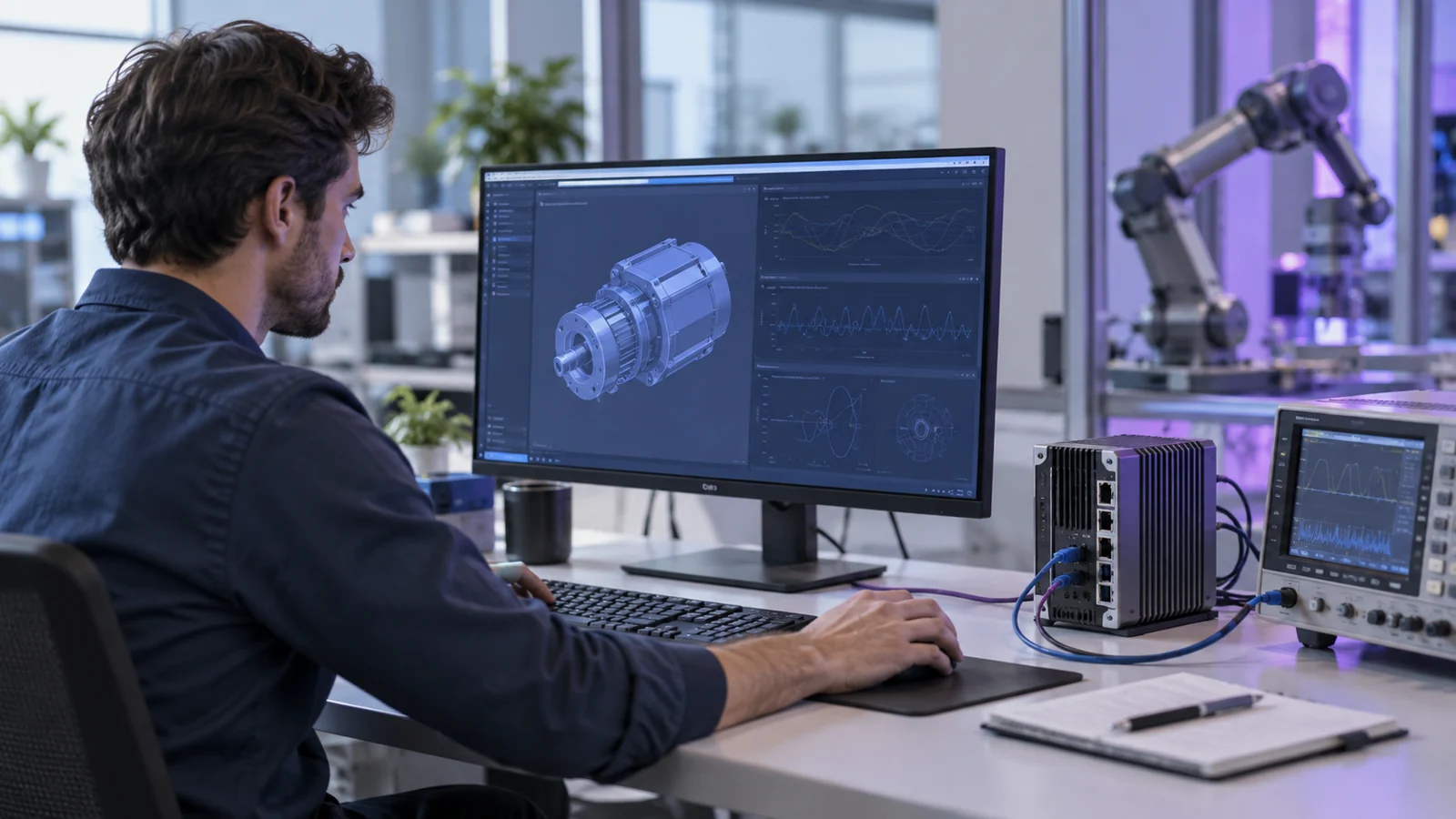 Engineer at a monitor showing a 3D gearbox model and signal plots, with an industrial gateway on the desk.