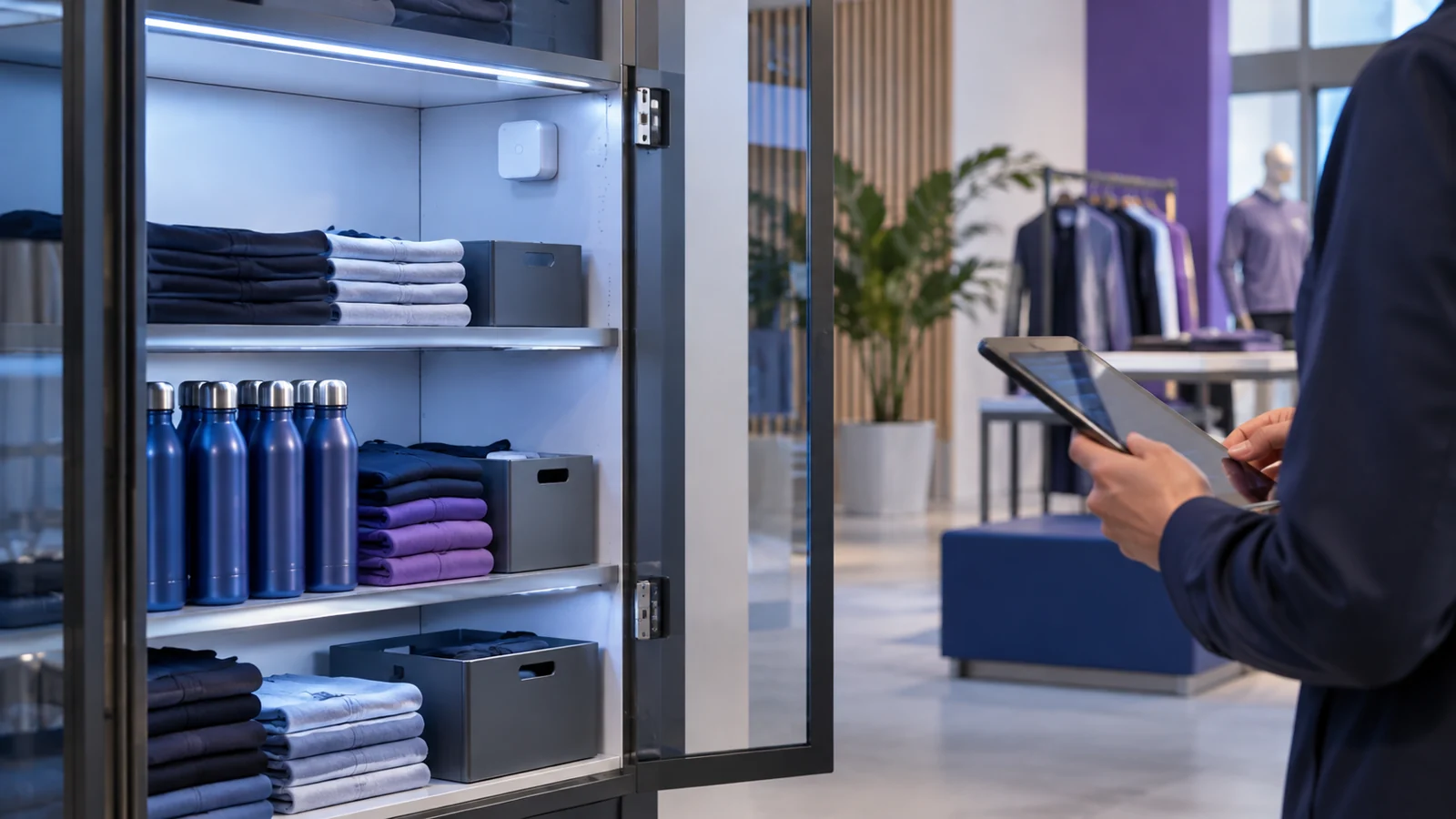 Retail store with a glass-fronted smart cabinet, a small wall sensor and a staff member holding a tablet.