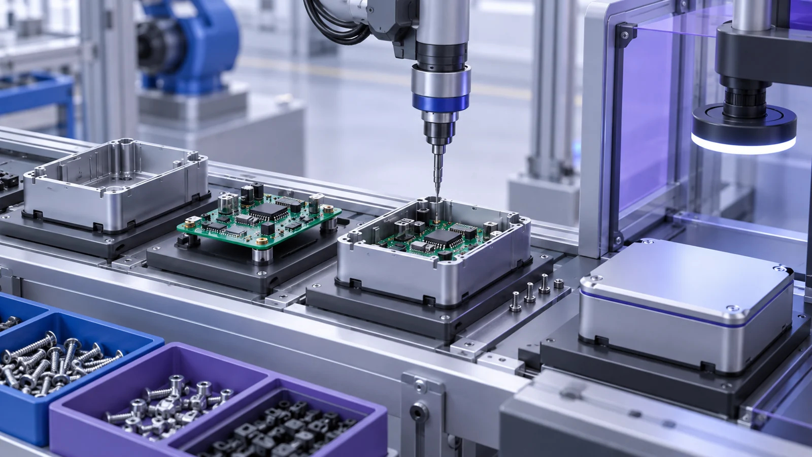 Automated assembly line with enclosures, circuit boards and a robotic screwdriver building finished units.