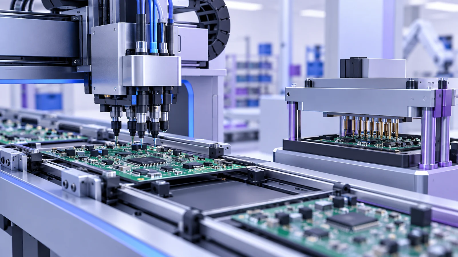 Surface-mount assembly line with a pick-and-place head over a circuit board and a bed-of-nails test fixture.