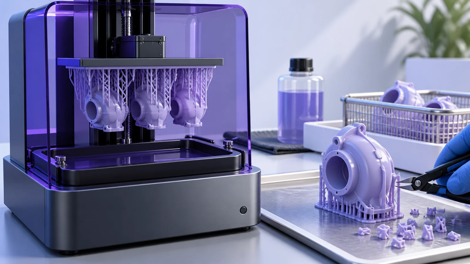 Desktop resin 3D printer with violet parts hanging on supports above the vat, and finished parts beside it.