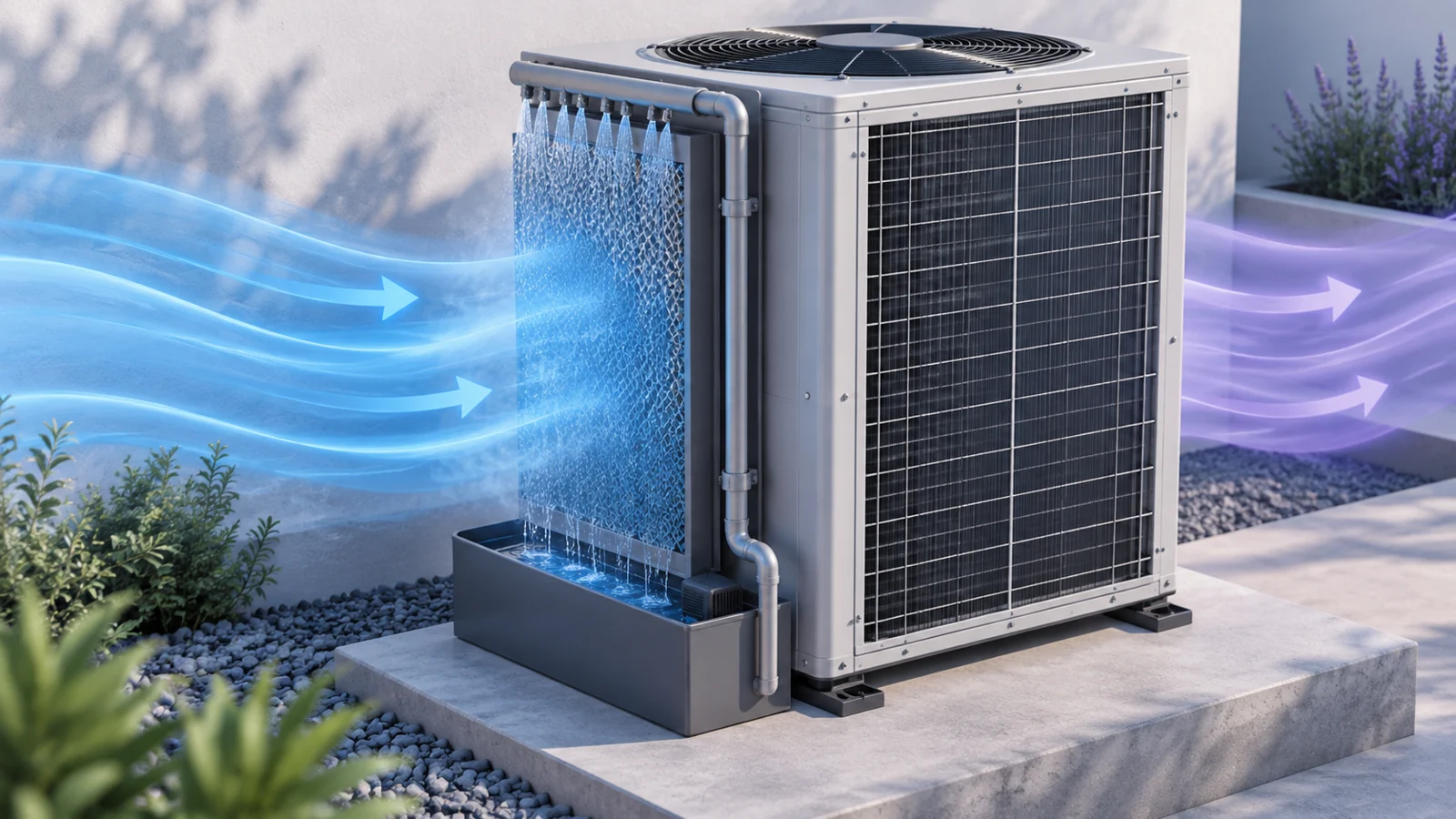 Outdoor AC condenser fitted with an evaporative pre-cooling panel, water running down a mesh pad.