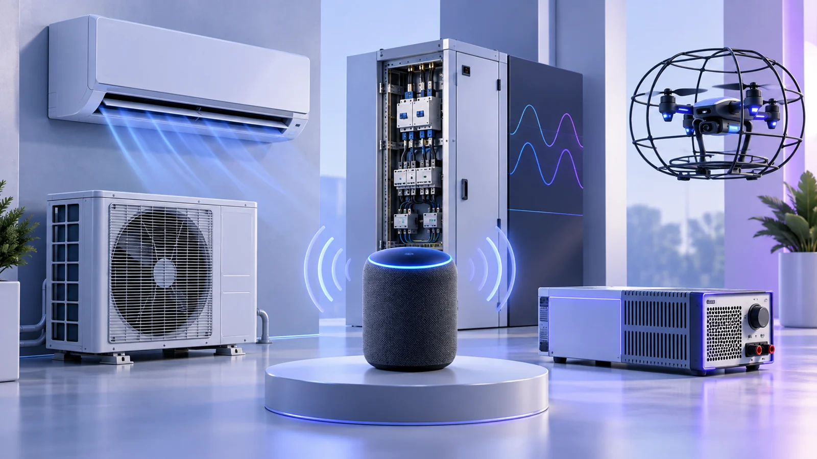 Showroom with a split air conditioner, an outdoor condenser, an electrical cabinet and other product concepts.