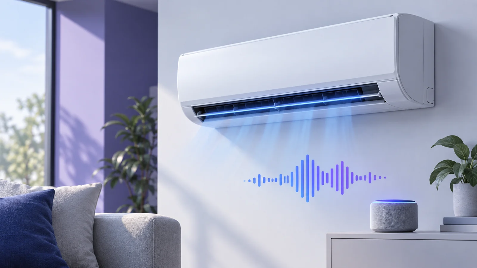Living room with a wall-mounted air conditioner and a voice waveform graphic on the wall below it.