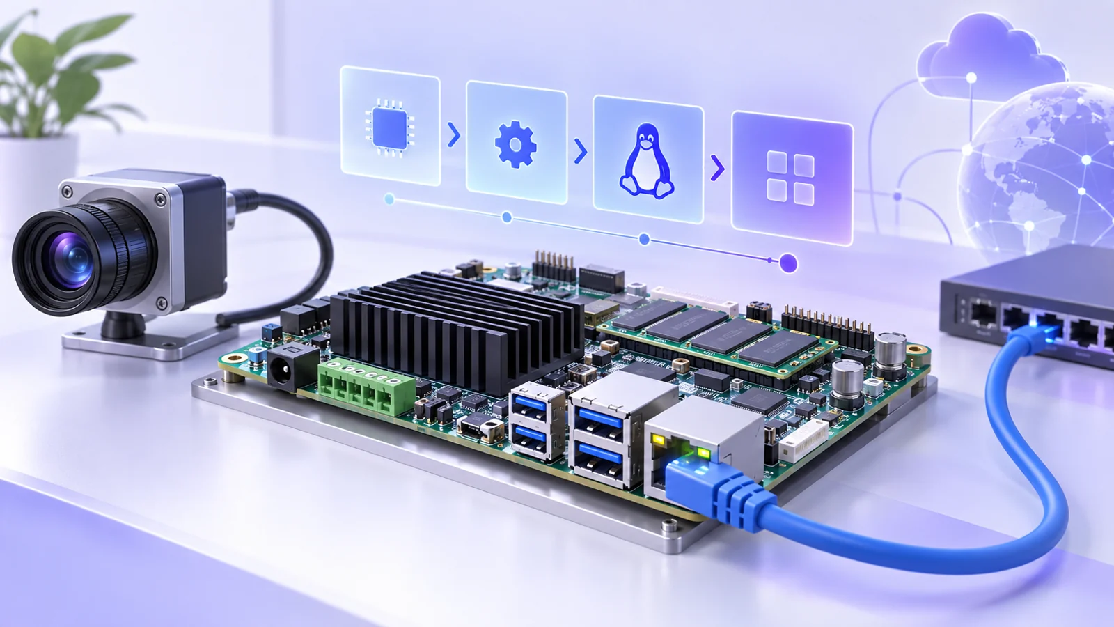 Industrial carrier board with a system-on-module, heatsink, USB and Ethernet ports cabled to a network switch.