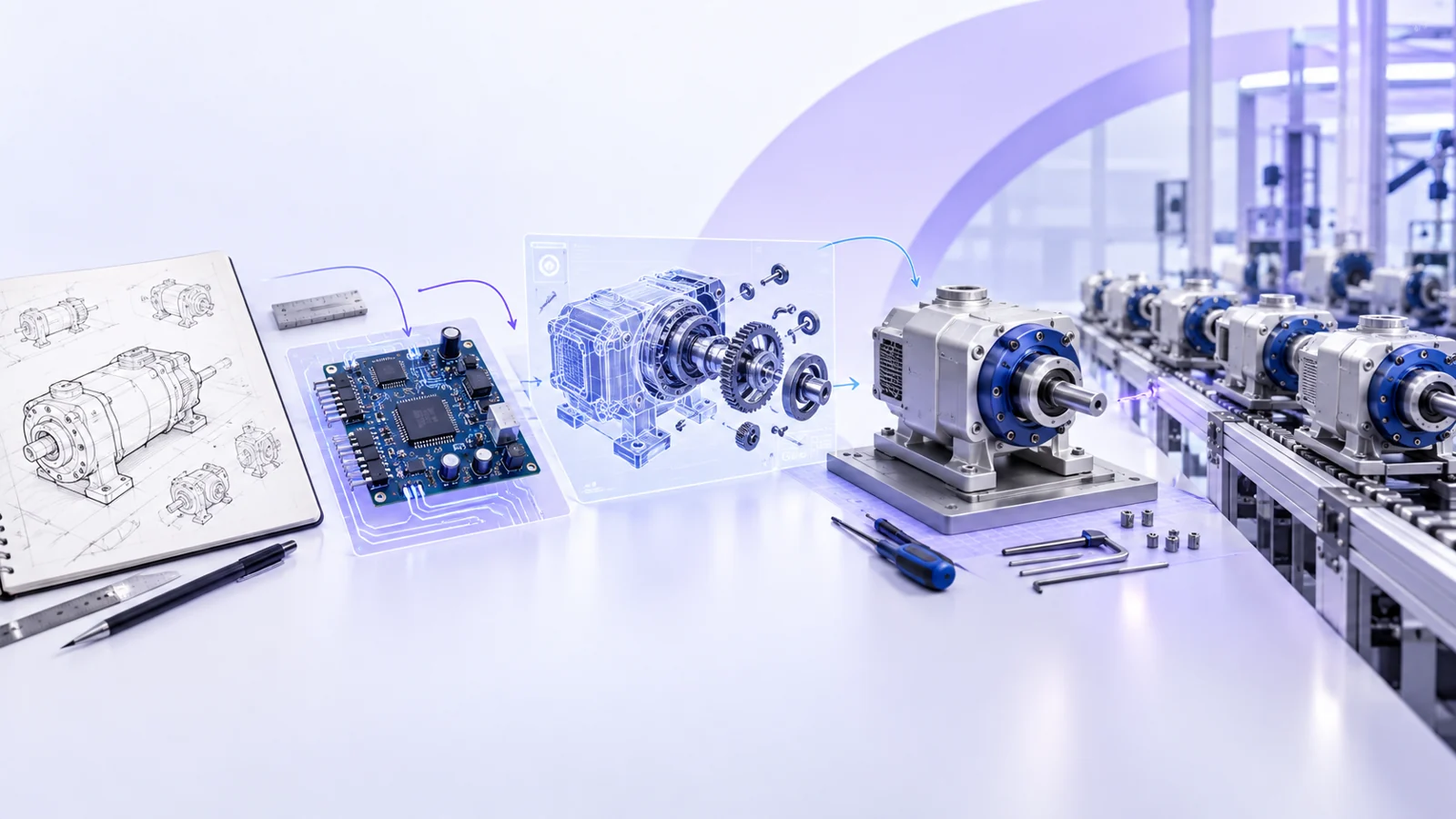 Product journey left to right: sketchbook drawing, circuit board, 3D CAD view and a finished gearmotor.