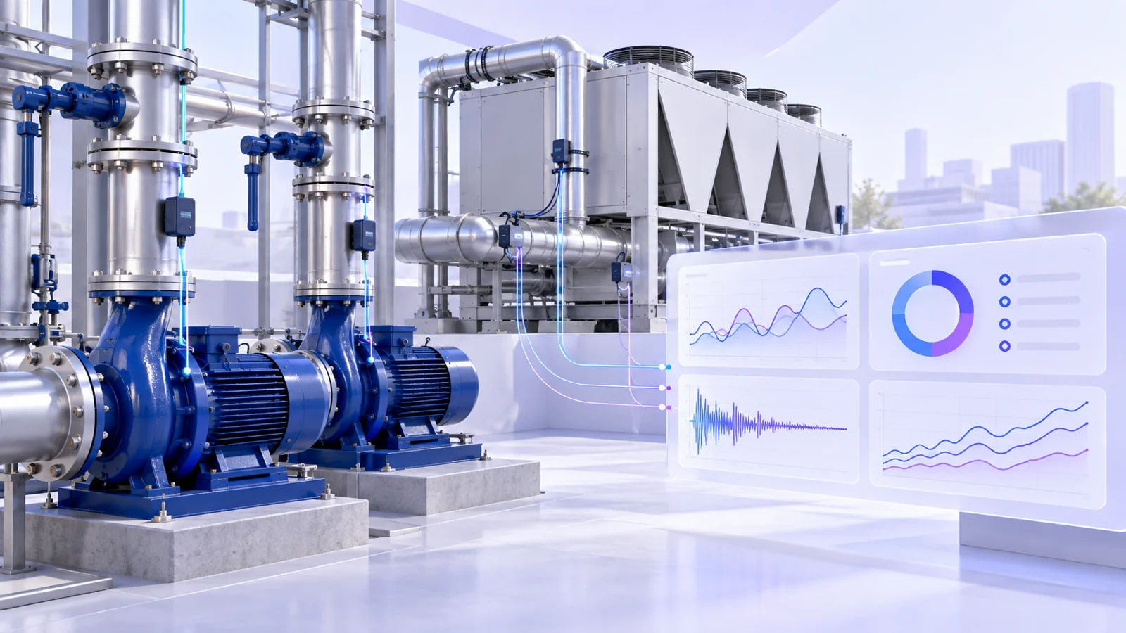 Concept illustration: blue industrial pumps and rooftop chillers with sensors feeding a floating dashboard of trend charts.