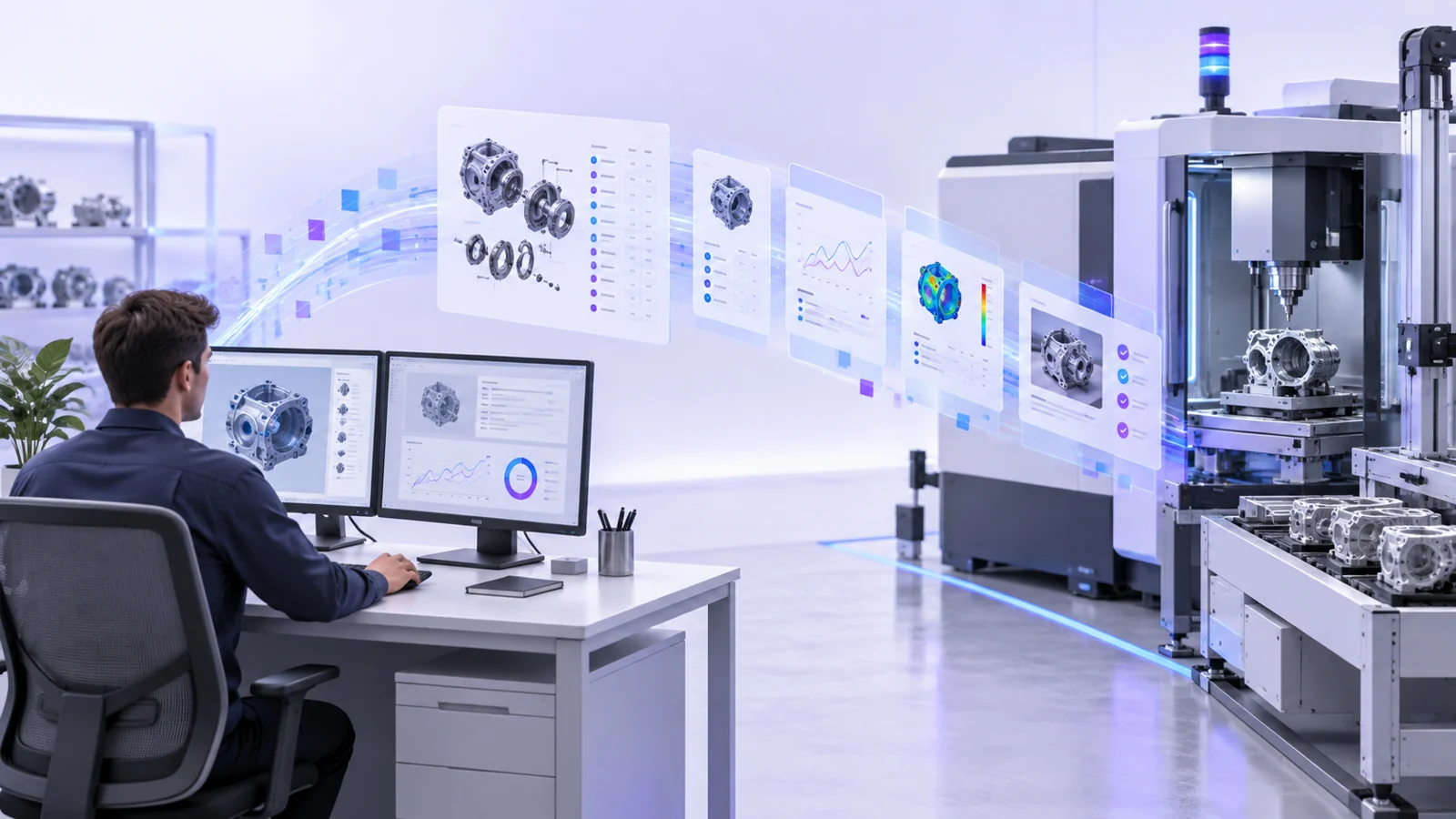 Engineering workstation with CAD monitors beside a CNC machining cell and racks of finished aluminium housings.