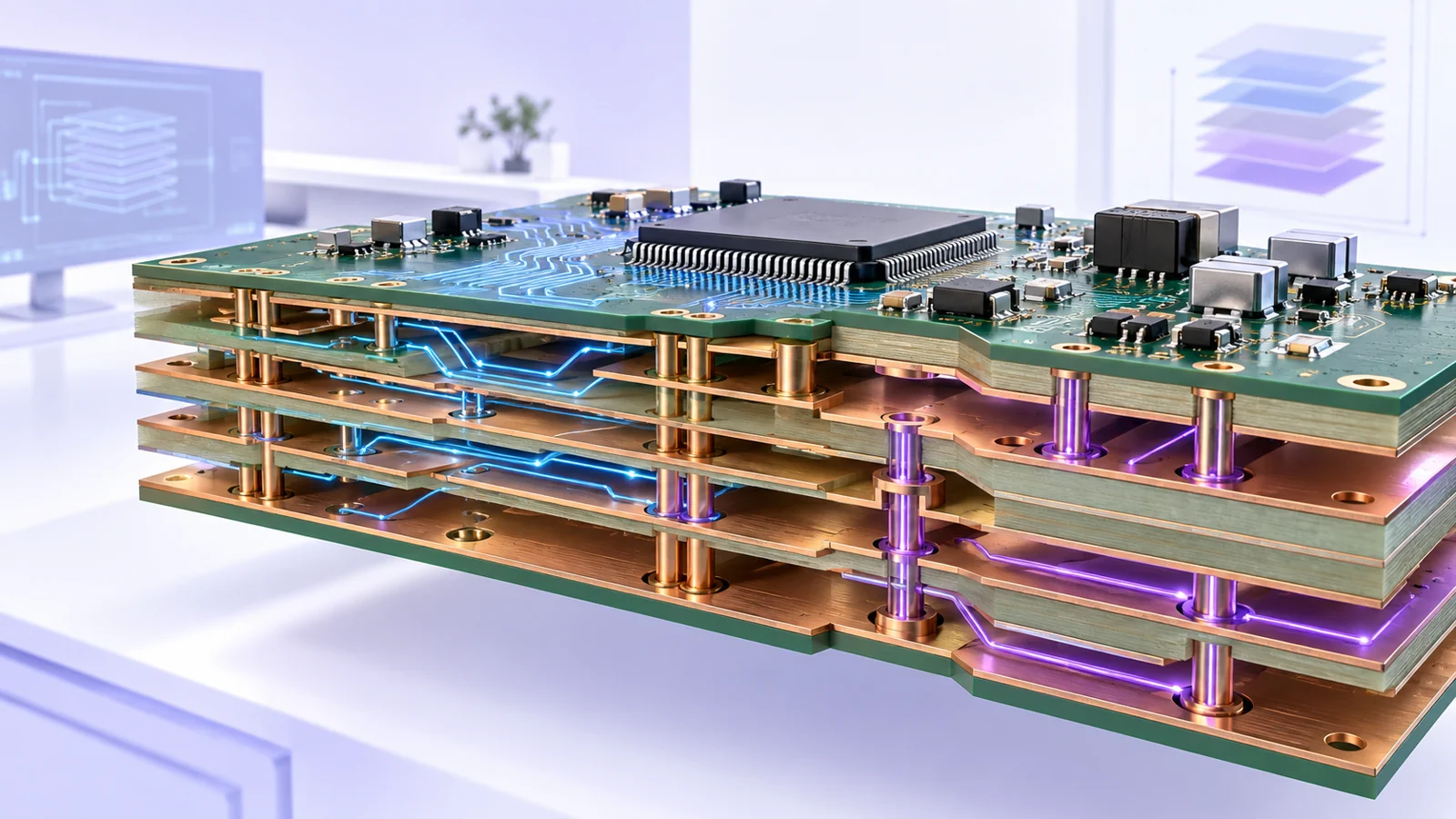 Exploded multilayer circuit board with glowing blue signal traces and violet power paths between layers.