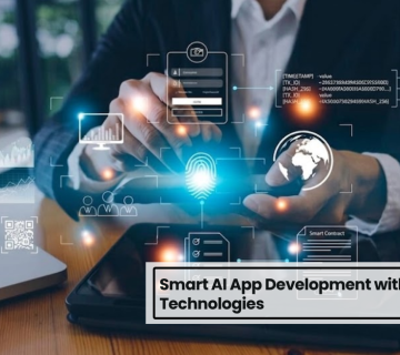 AI app development interface showing data analytics, automation, and smart application features on mobile device