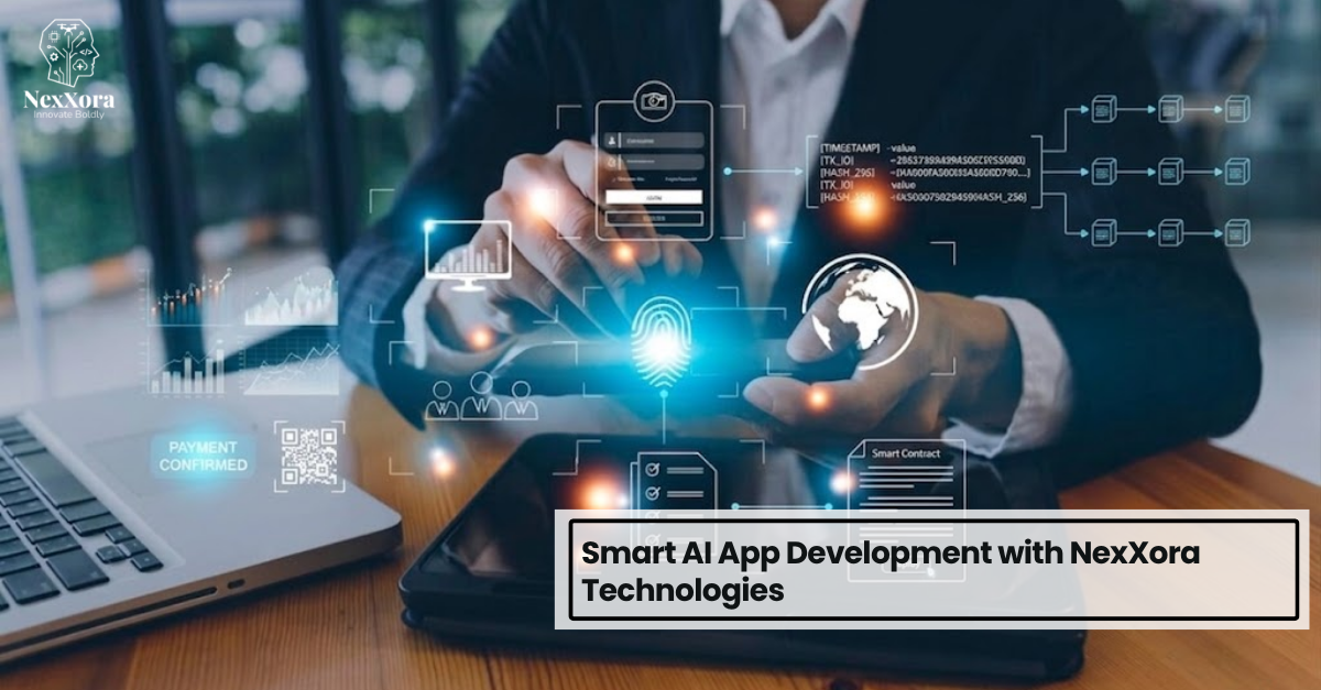AI app development interface showing data analytics, automation, and smart application features on mobile device