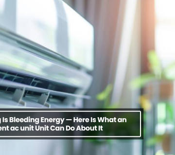 Lose up of an energy efficient AC unit installed indoors, improving cooling performance while reducing energy consumption in a modern building