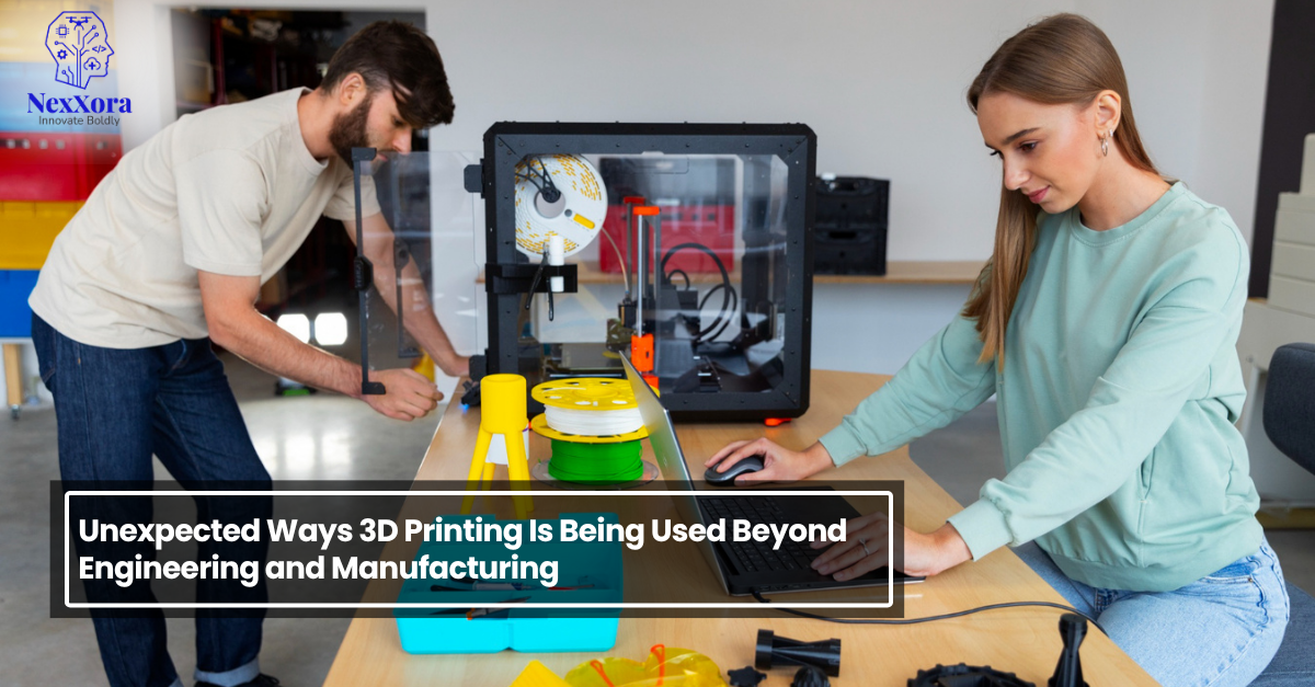 Two professionals working with a 3D printing machine and laptop, showcasing creative applications of 3D printing beyond traditional engineering and manufacturing