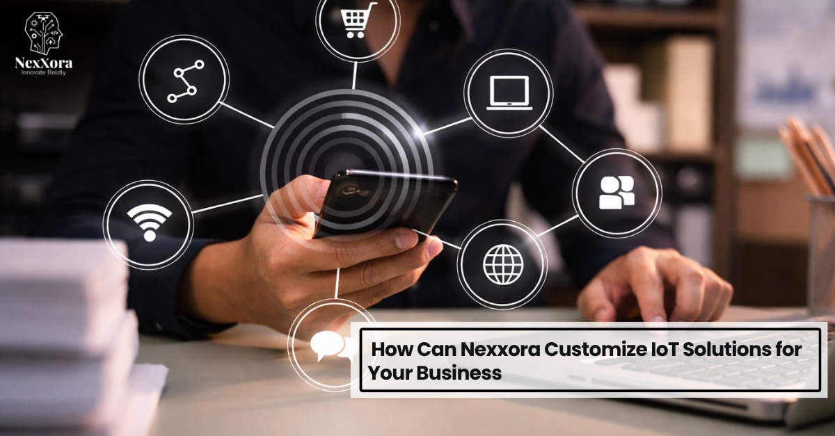 IoT solutions displayed on smartphone connecting devices and systems for customized business operations