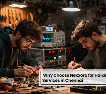 Engineers working on circuit boards for hardware design services in Chennai at Nexxora lab