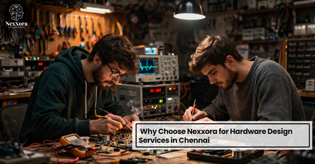 Engineers working on circuit boards for hardware design services in Chennai at Nexxora lab