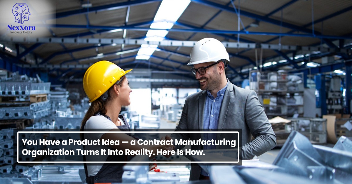 Contract manufacturing organization team discussing production process in industrial facility