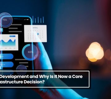 Smartphone displaying app development interface with analytics, charts, and UI elements representing modern business application solutions