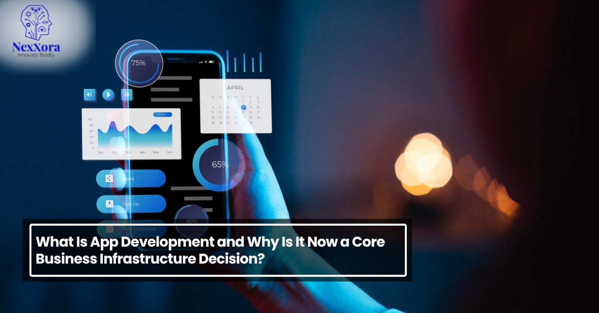Smartphone displaying app development interface with analytics, charts, and UI elements representing modern business application solutions