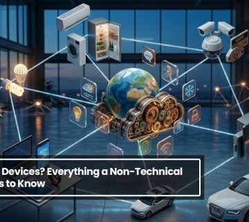 Illustration of interconnected IoT devices including smart appliances, cars, and security systems connected through a global network in a modern environment