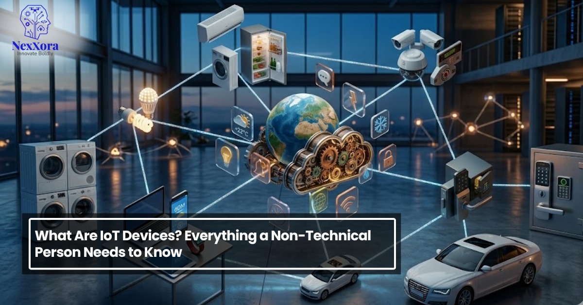 Illustration of interconnected IoT devices including smart appliances, cars, and security systems connected through a global network in a modern environment