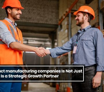 Two professionals shaking hands in a warehouse, representing collaboration with contract manufacturing companies for business growth and production support