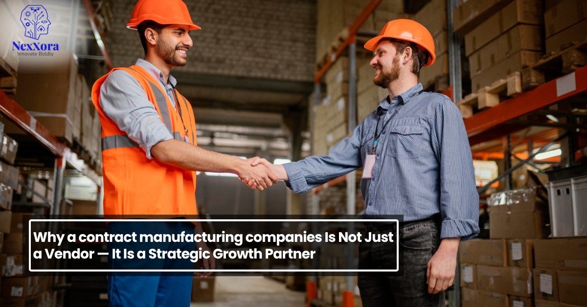 Two professionals shaking hands in a warehouse, representing collaboration with contract manufacturing companies for business growth and production support